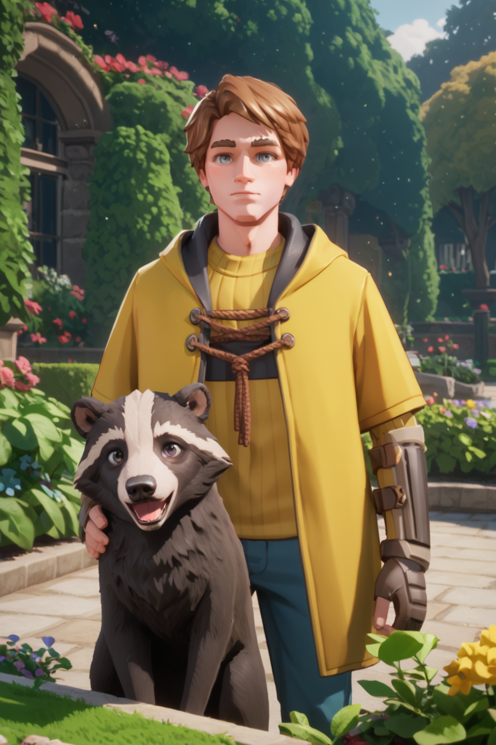 01646-2065118350-solo male focus, cedricdiggory, brown hair, grey eyes, yellow cloak, cheery, slender, magical, garden, (holding badger_1.3), _lo.png